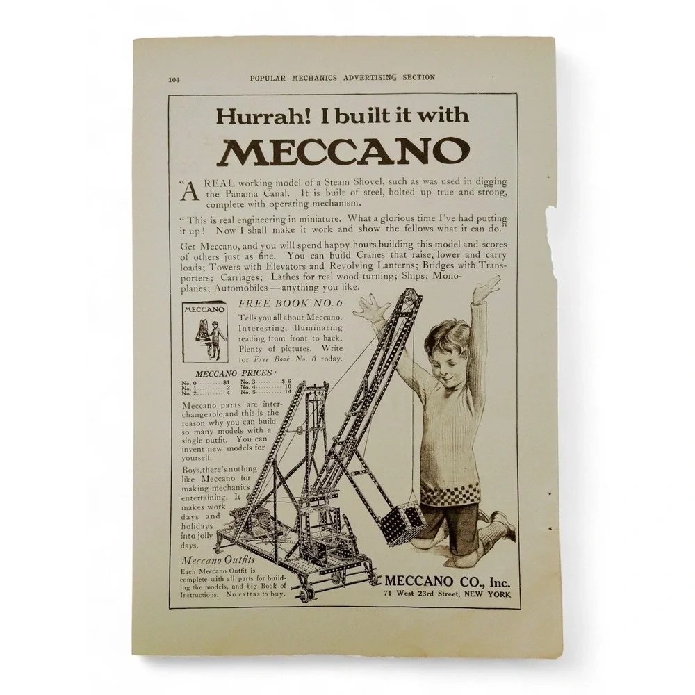 1914 Meccano Boy Built‎ Steam Shovel Hurray Original Vtg PRINT AD Ephemera